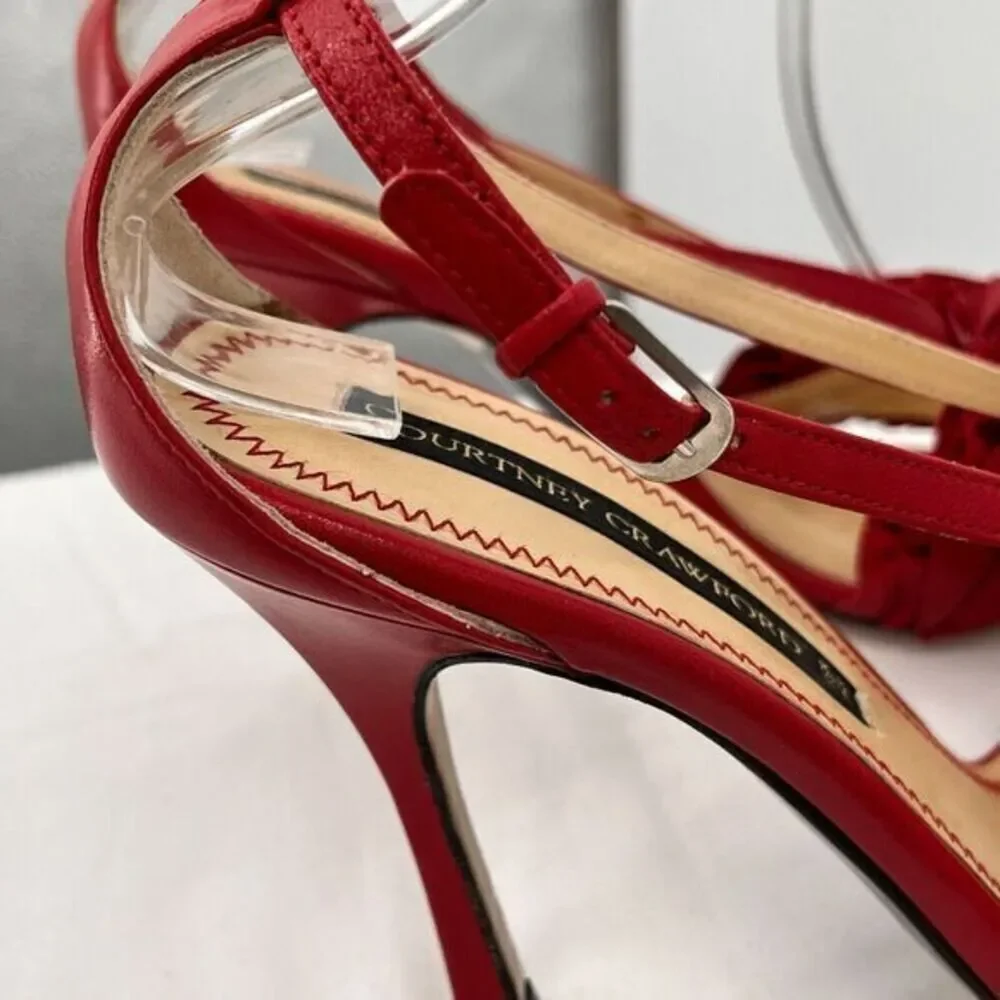 Courtney‎ Crawford Ruffle Leather Strappy Heels Sandals Red 38.5 (8) Made Italy